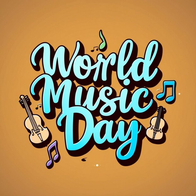 World music day 3d sign on music instrument doodles background