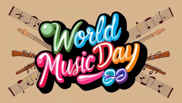 World music day 3d sign on music instrument doodles background