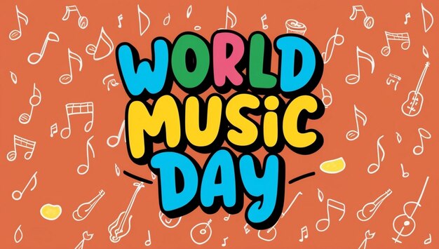 World music day 3d sign on music instrument doodles background