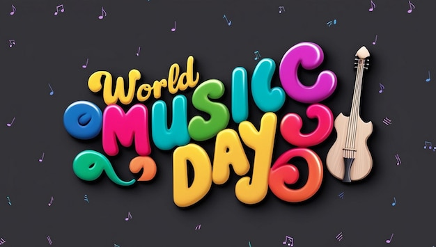 Photo world music day 3d typography illustration on music instrument doodles background