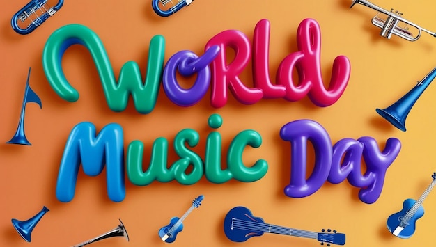 Photo world music day 3d typography illustration on music instrument doodles background