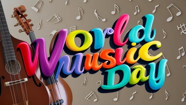 Photo world music day 3d typography illustration on music instrument doodles background