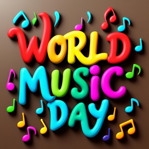 Photo world music day 3d typography illustration on music instrument doodles background