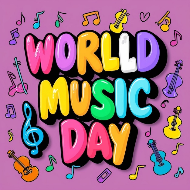 World music day 3d typography illustration on music instrument doodles background