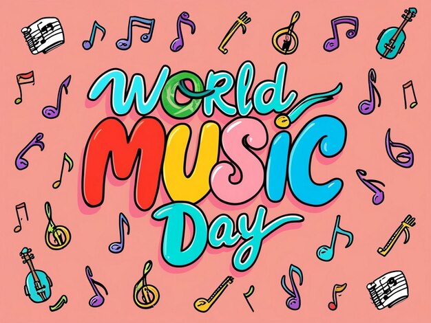 Photo world music day 3d typography on music instrument doodles background