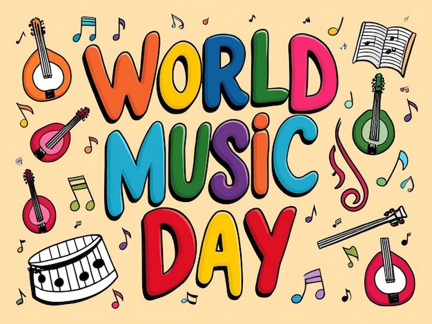 Photo world music day 3d typography on music instrument doodles background