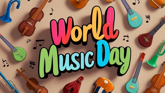 Photo world music day 3d typography on music instrument doodles background