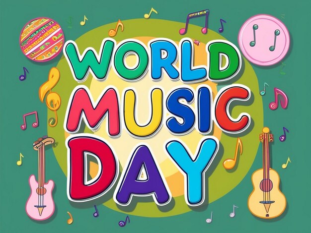 World music day 3d typography on music instrument doodles background