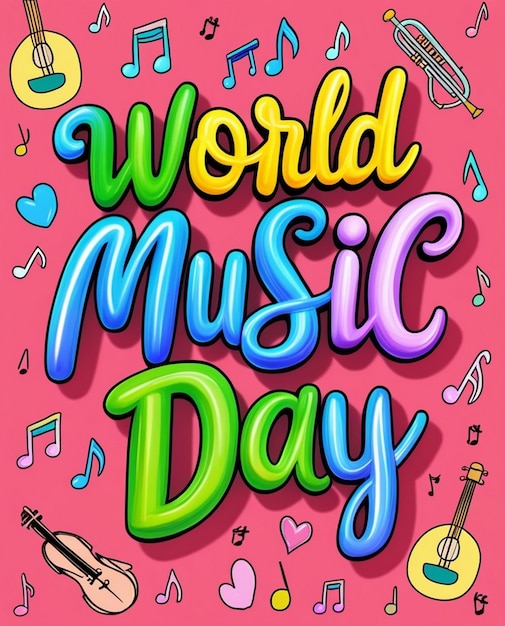 World music day 3d typography on music instrument doodles background