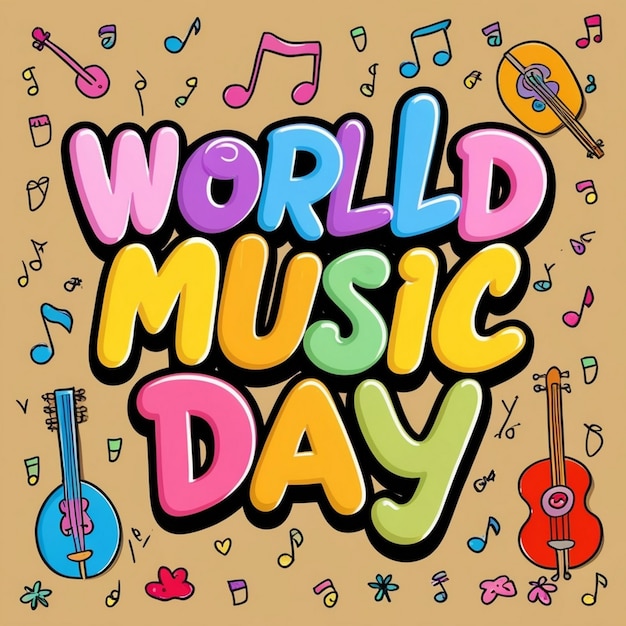 World music day 3d typography on music instrument doodles background