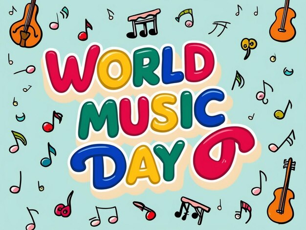 Photo world music day 3d typography on music instrument doodles background