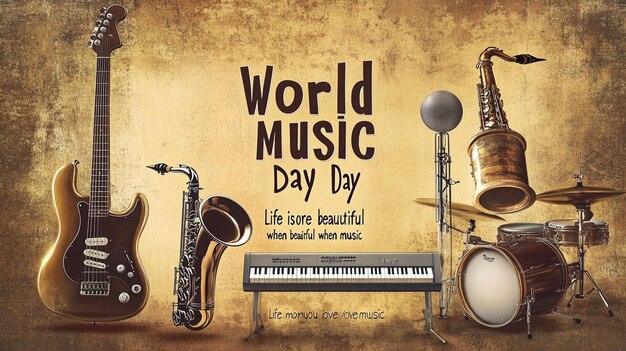 Photo world music day poster with guitar saxophone and keyboard