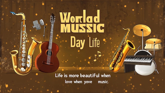 Photo world music day poster with guitar saxophone and keyboard