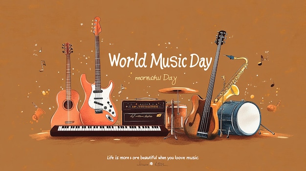 Photo world music day poster with guitar saxophone and keyboard