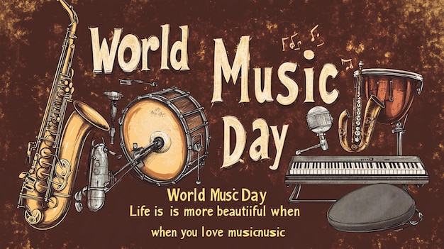 Photo world music day poster with guitar saxophone and keyboard