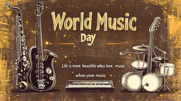 Photo world music day poster with guitar saxophone and keyboard