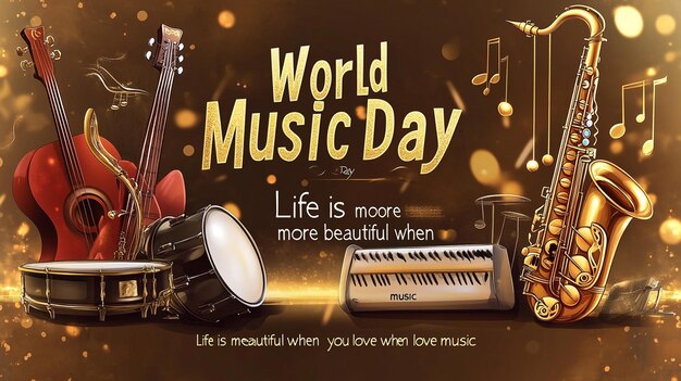 Photo world music day poster with guitar saxophone and keyboard