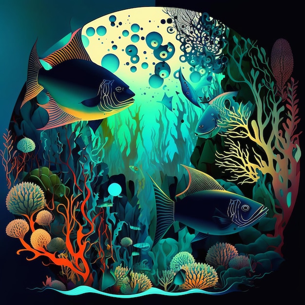 World Ocean Day Animals of the underwater sea world Colorful fish Generative Ai