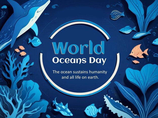 World ocean day poster in blue paper style