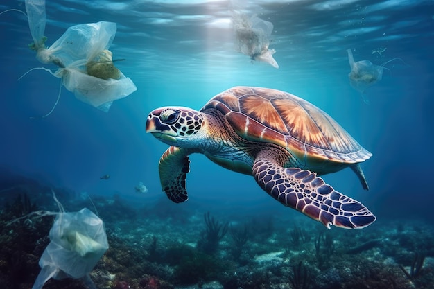 World ocean pollution Turtle and plastic bags underwater Generative AI