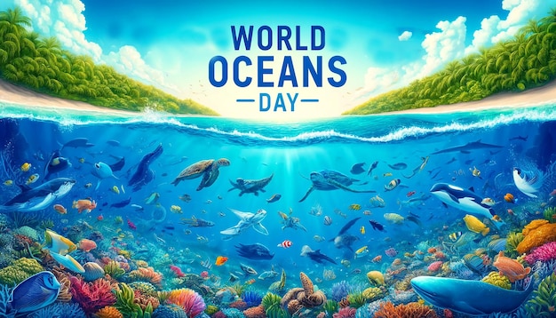 World Oceans Day featuring a variety of sea animals including dolphins turtles colorful fishes