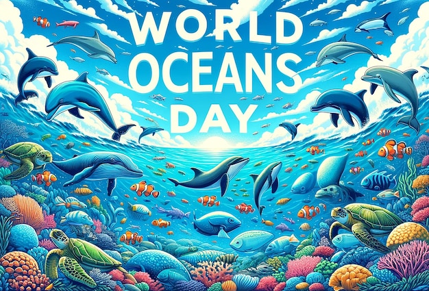 World Oceans Day featuring a variety of sea animals including dolphins turtles colorful fishes