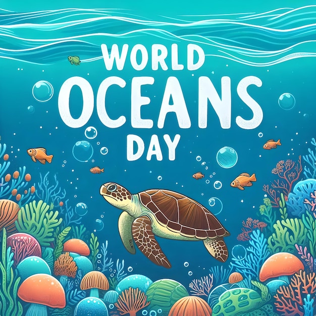 World Oceans Day with turtle swimming in under ocean AI generated