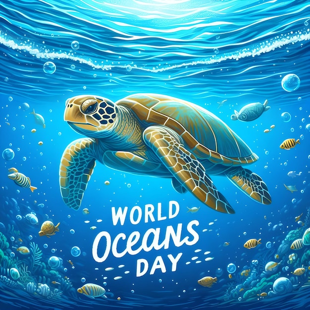 World Oceans Day with turtle swimming in under ocean