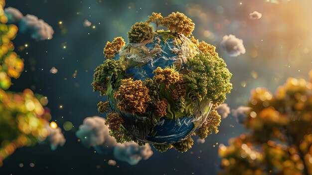 Photo world ozone day background eco concept with green planet and trees