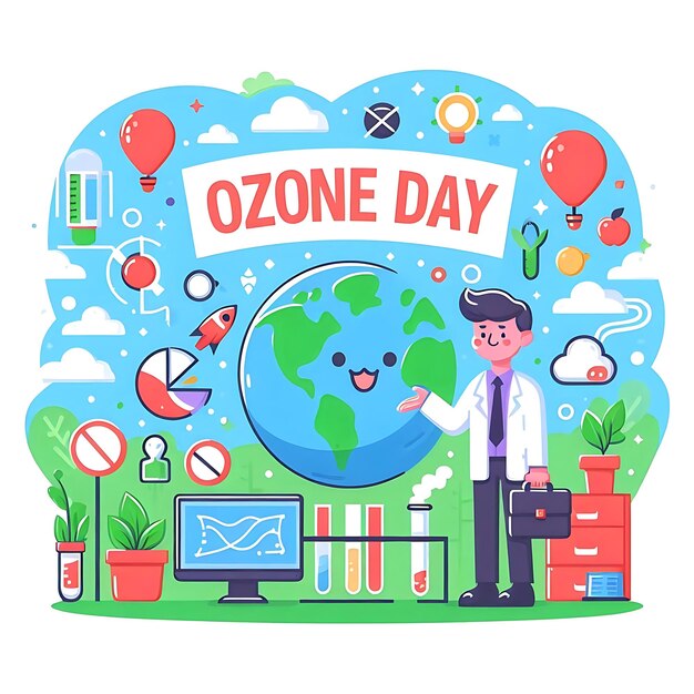 world ozone day a man standing in front of a globe with a blue background with a man pointing