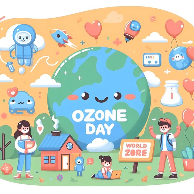 world ozone day a poster with a cartoon image of people and a world with a sign that