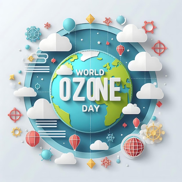 World Ozone Day a world day poster with a world map and clouds