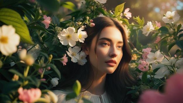 World Photography Day Asian woman posing beautifully in front of a tree decorated with flowers