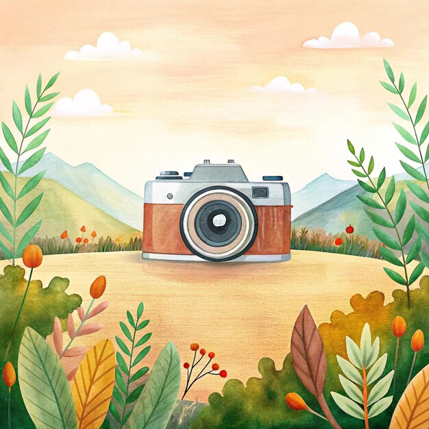 World photography day background with camera and nature illustration