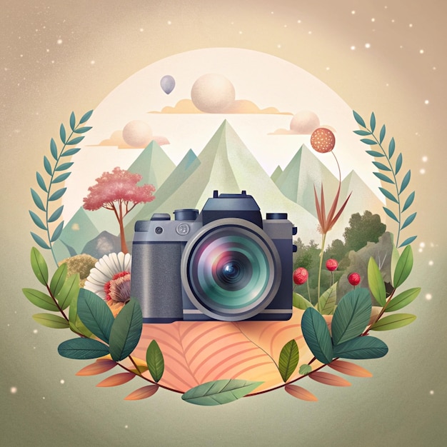 Photo world photography day background with camera and nature illustration