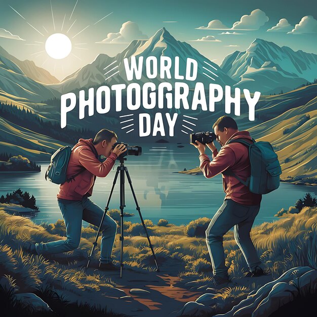 World photography day background with camera and nature vector illustration