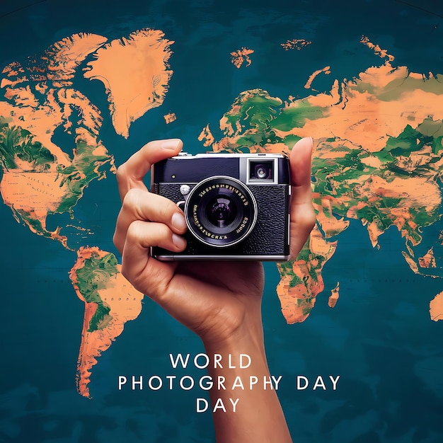 Photo world photography day background with camera and nature vector illustration