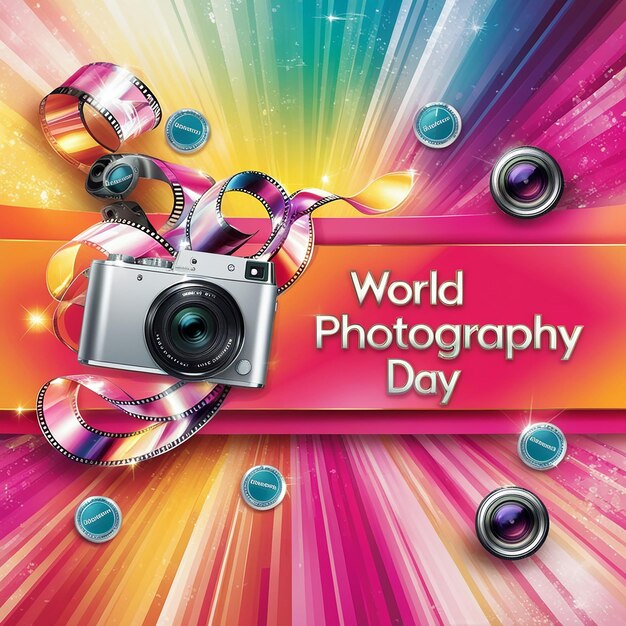 World photography day background with camera and nature vector illustration