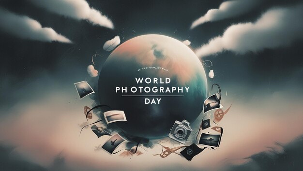 Photo world photography day banner with camera and nice background