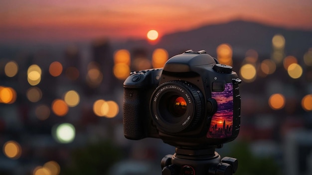 World photography day camera against the background of an urban landscape