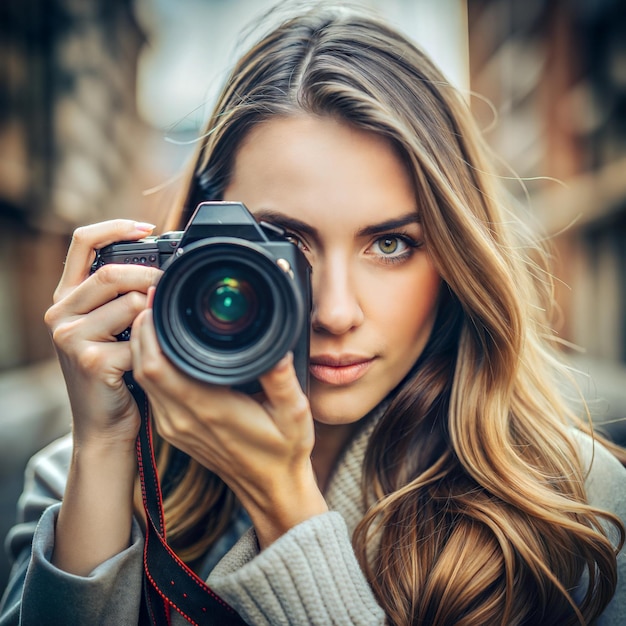 World Photography Day girl takes a photo with a camera a professional hobby