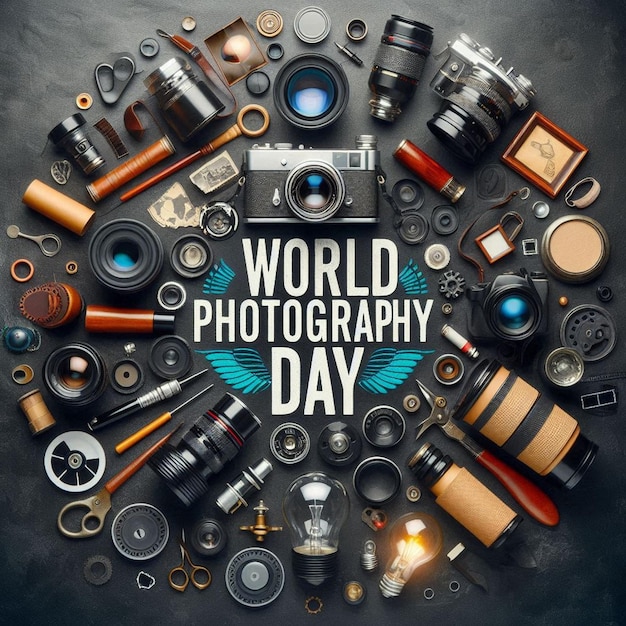 World photography day posters and templates with related objects such as lenses film rolls light b