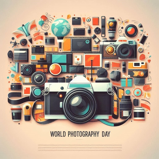 World photography day posters and templates with related objects such as lenses film rolls light b