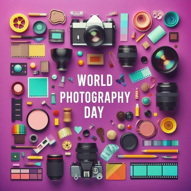 World photography day posters and templates with related objects such as lenses film rolls light b