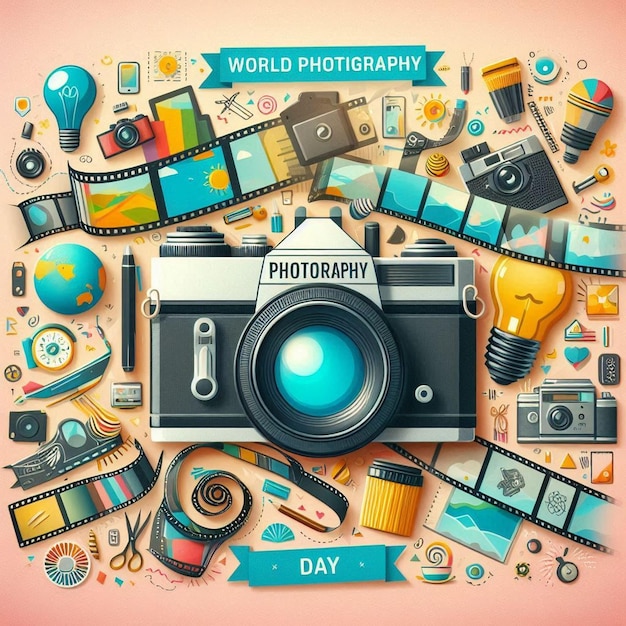 World photography day posters and templates with related objects such as lenses film rolls light b