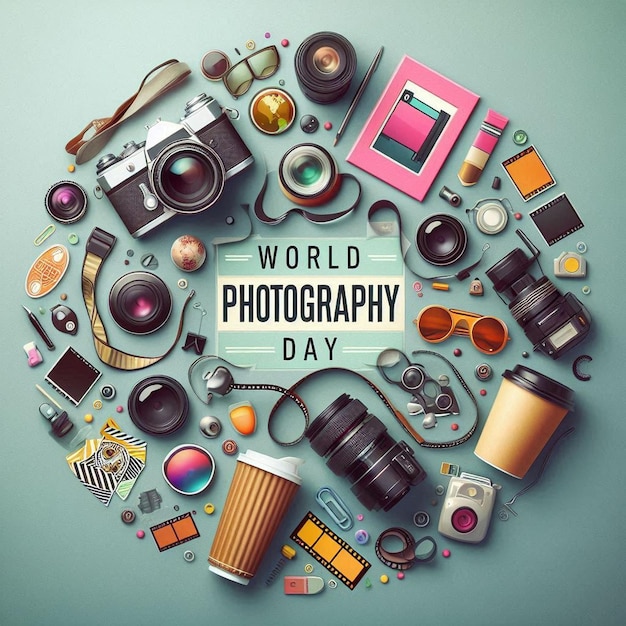 World photography day posters and templates with related objects such as lenses film rolls light b