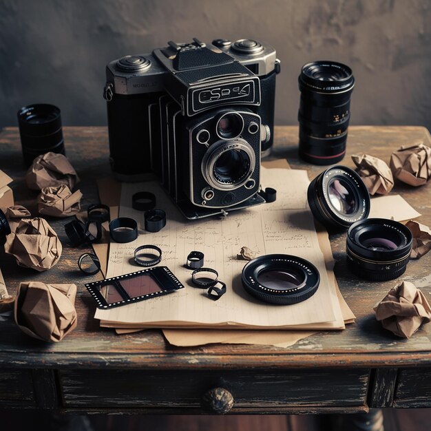 Photo world photography day vintage camera on background professional hobby