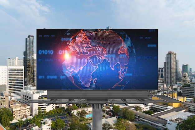 World planet Earth map hologram on billboard over panorama city view of Bangkok The concept of international connections and business in Southeast Asia