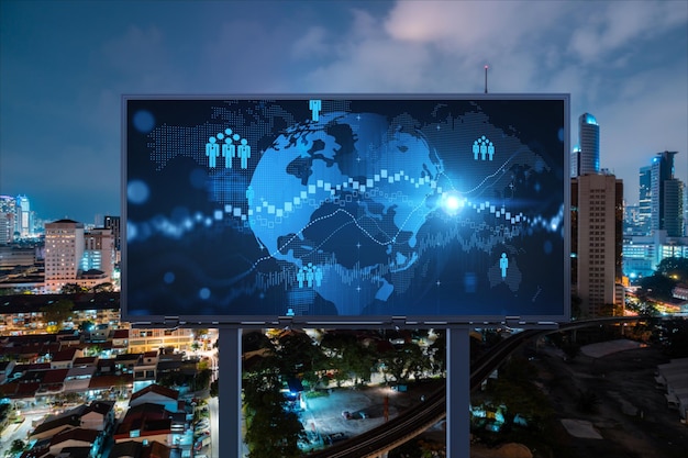 World planet Earth map hologram and social media icons on billboard over night panoramic city view of Kuala Lumpur Malaysia Asia Networking and establishing new connections between people Globe