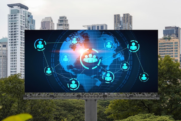 World planet Earth map hologram and social media icons on billboard over panorama city view of Bangkok Southeast Asia The concept of people networking and connections